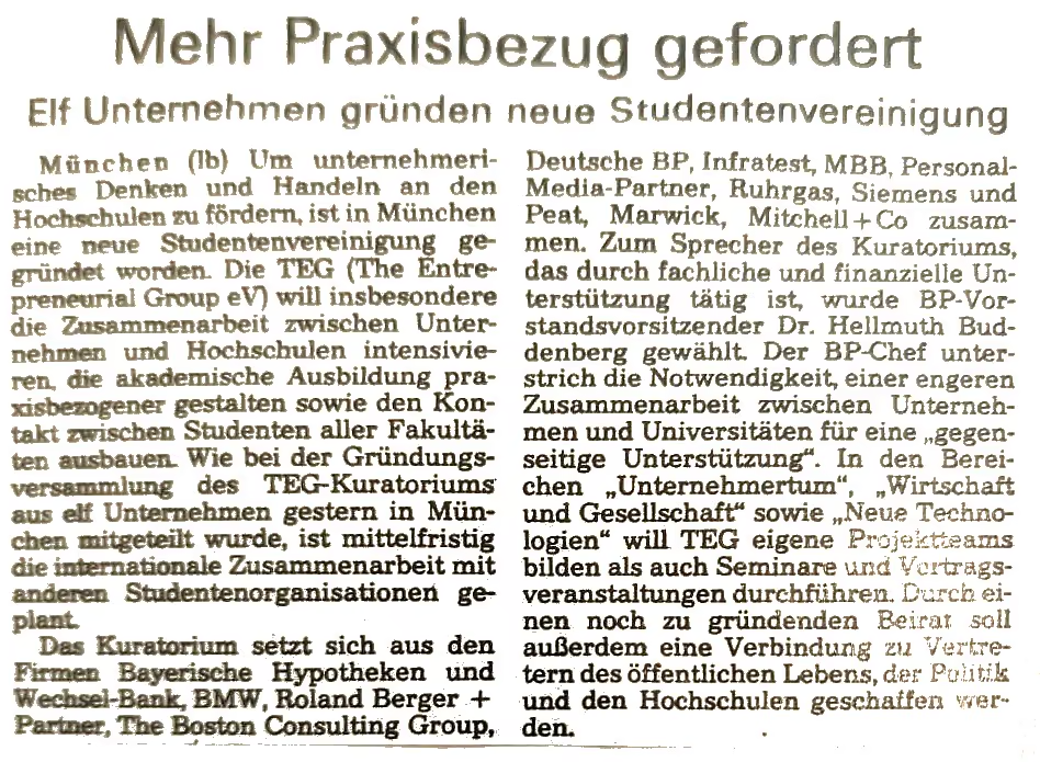 Historischer Zeitungsartikel zur Gründung des TEG-Kuratoriums
